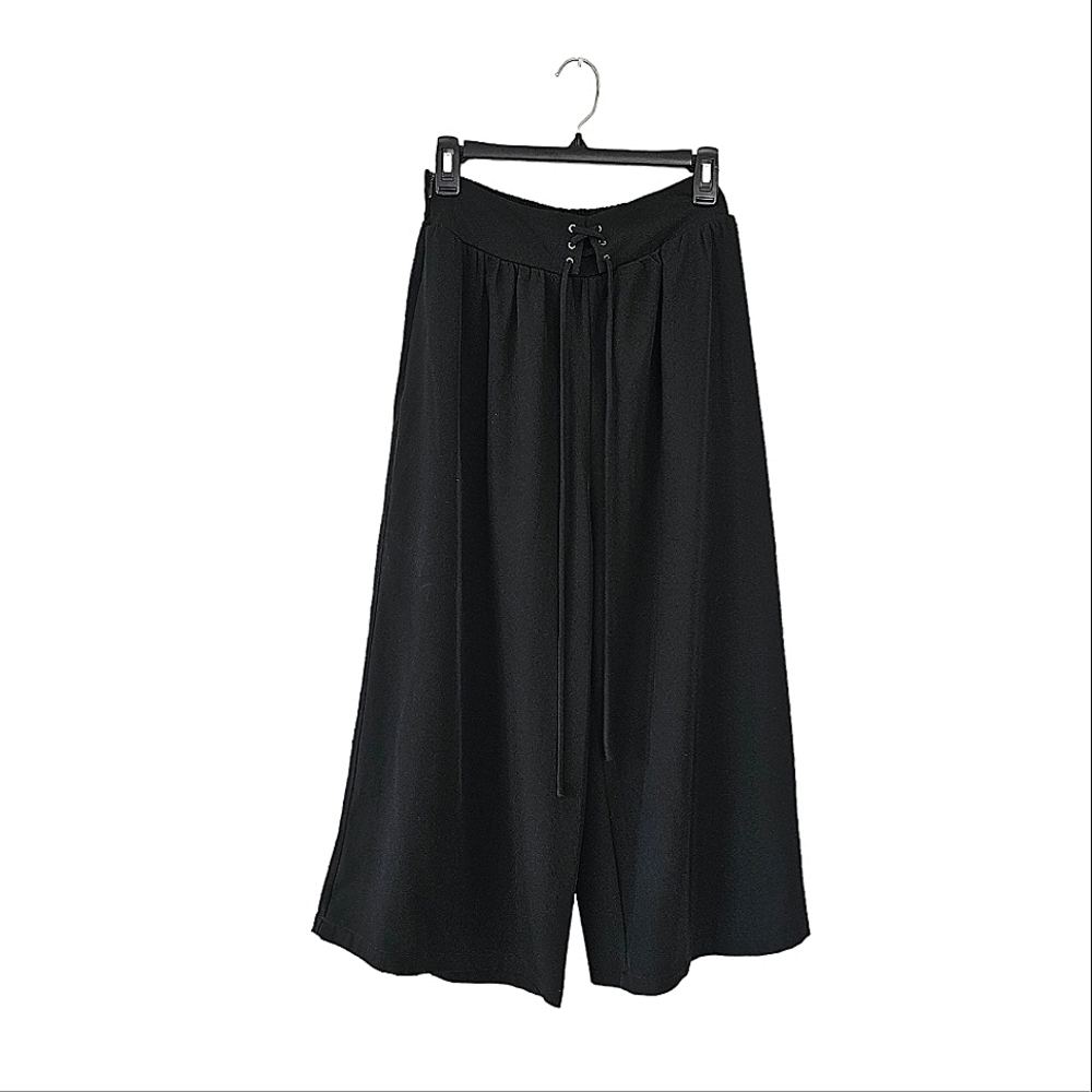 TOPFEELING Wide Leg Cropped High-waisted Lightweight Side Zipper Black Pants